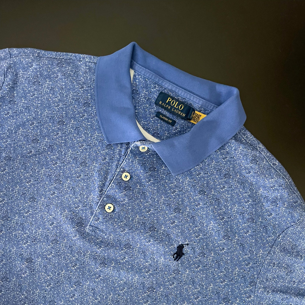 Polo Ralph Lauren Polo Shirt Mens Large Blue Floral Soft Cotton Pony Preppy AOP